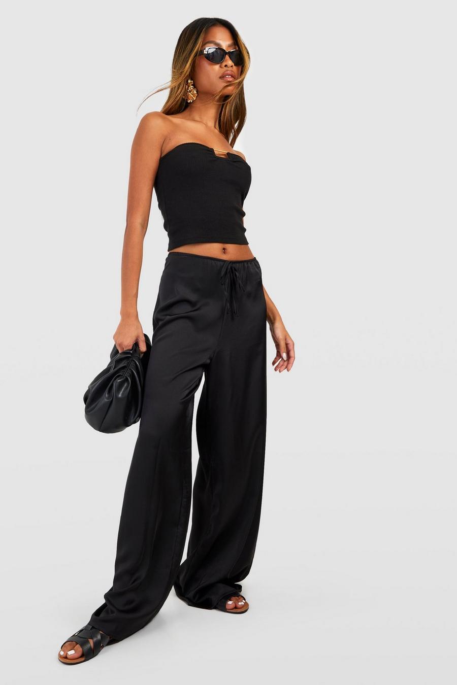 Black Satin High Waisted Super Wide Leg Trousers image number 1
