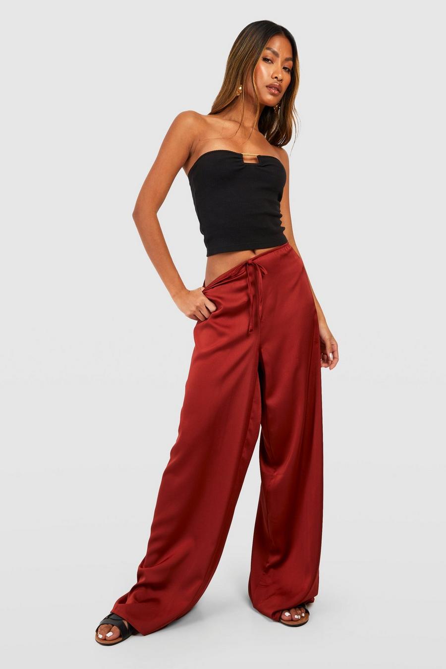 Rust Satin High Waisted Super Wide Leg Pants image number 1