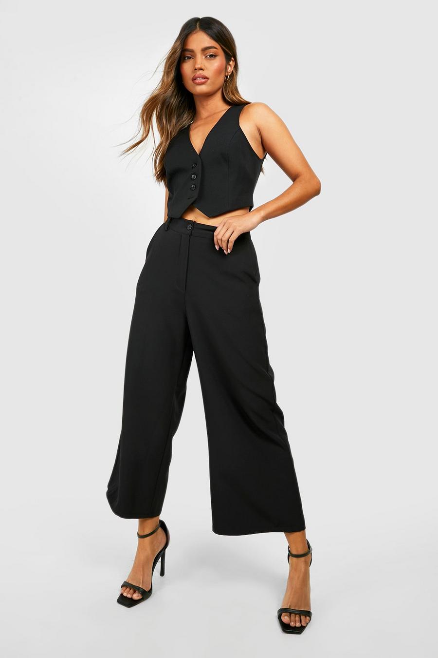 Black High Waisted Woven Cropped Wide Leg Trousers image number 1