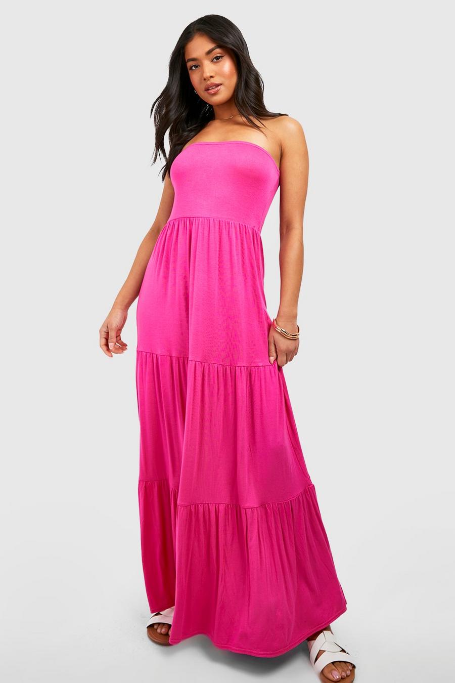 Hot pink Petite Bandeau Tiered Hem Maxi Dress image number 1