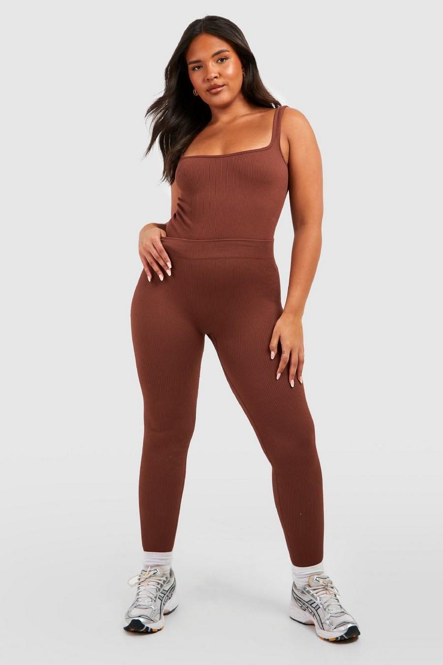 Chocolate marrone Plus Structured Seamless Contour Ribbed Leggings image number 1