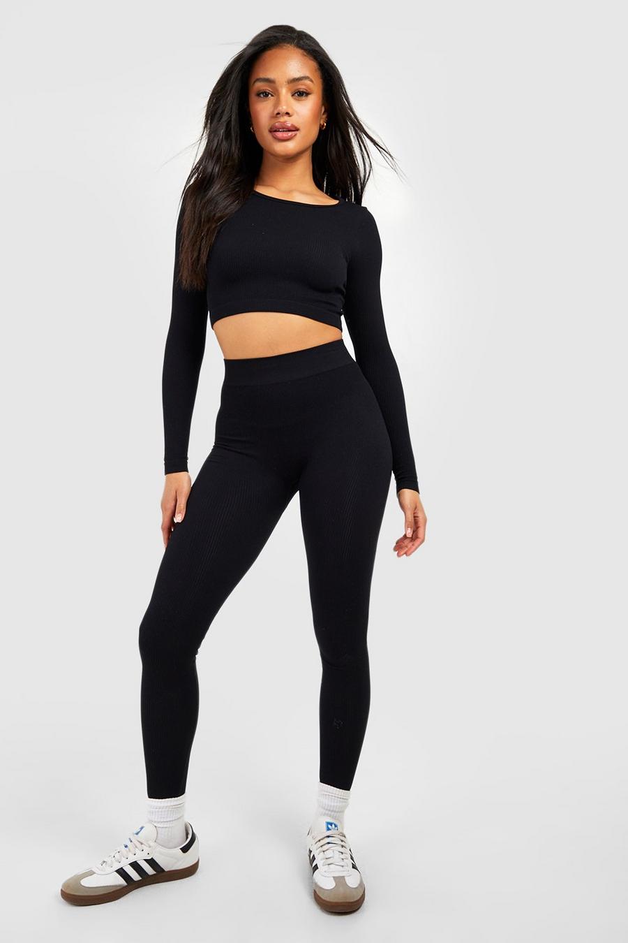 Black Structured Seamless Contour Ribbed Sculpt Leggings image number 1