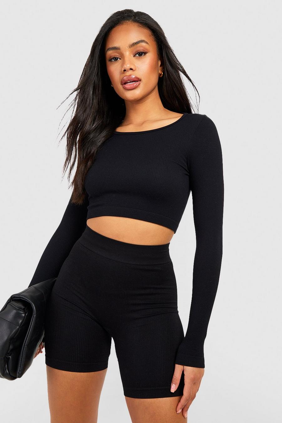 Black Seamless Contour Ribbed Round Neck Top image number 1
