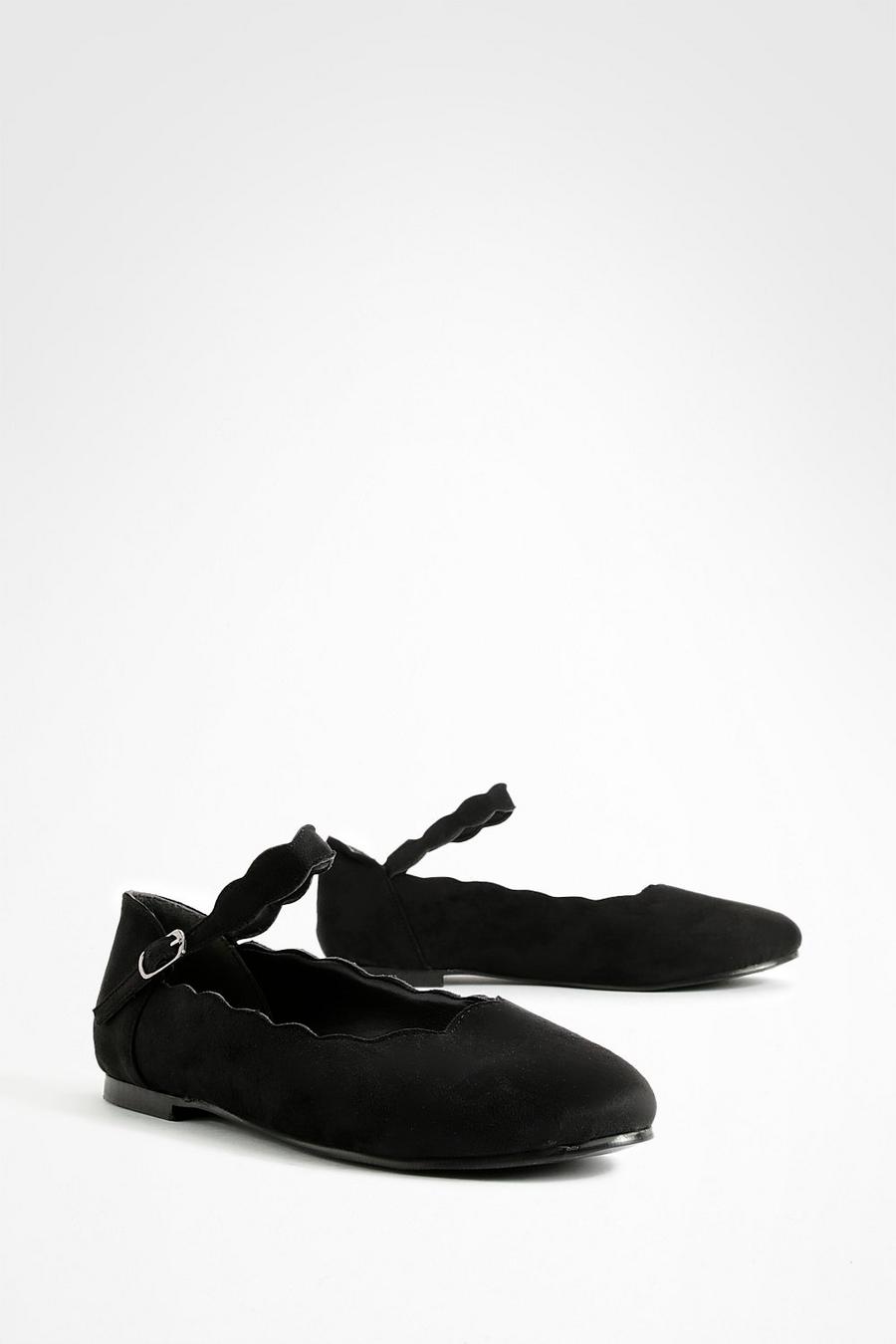 Black Wide Fit Scallop Edge Ballet Flats image number 1