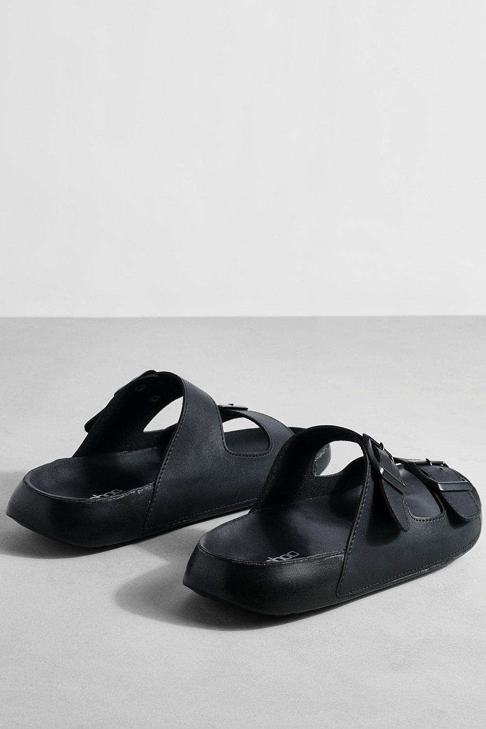 Boohoo Women s Wide Fit Double Buckle Sliders Black