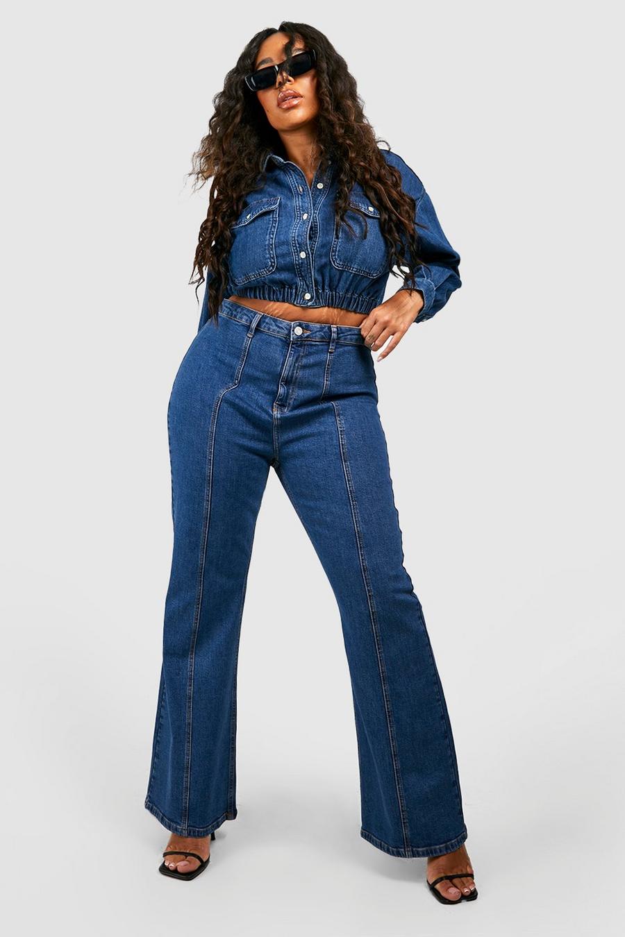 Jeans a zampa Plus Size a vita media con cuciture, Denim-blue image number 1