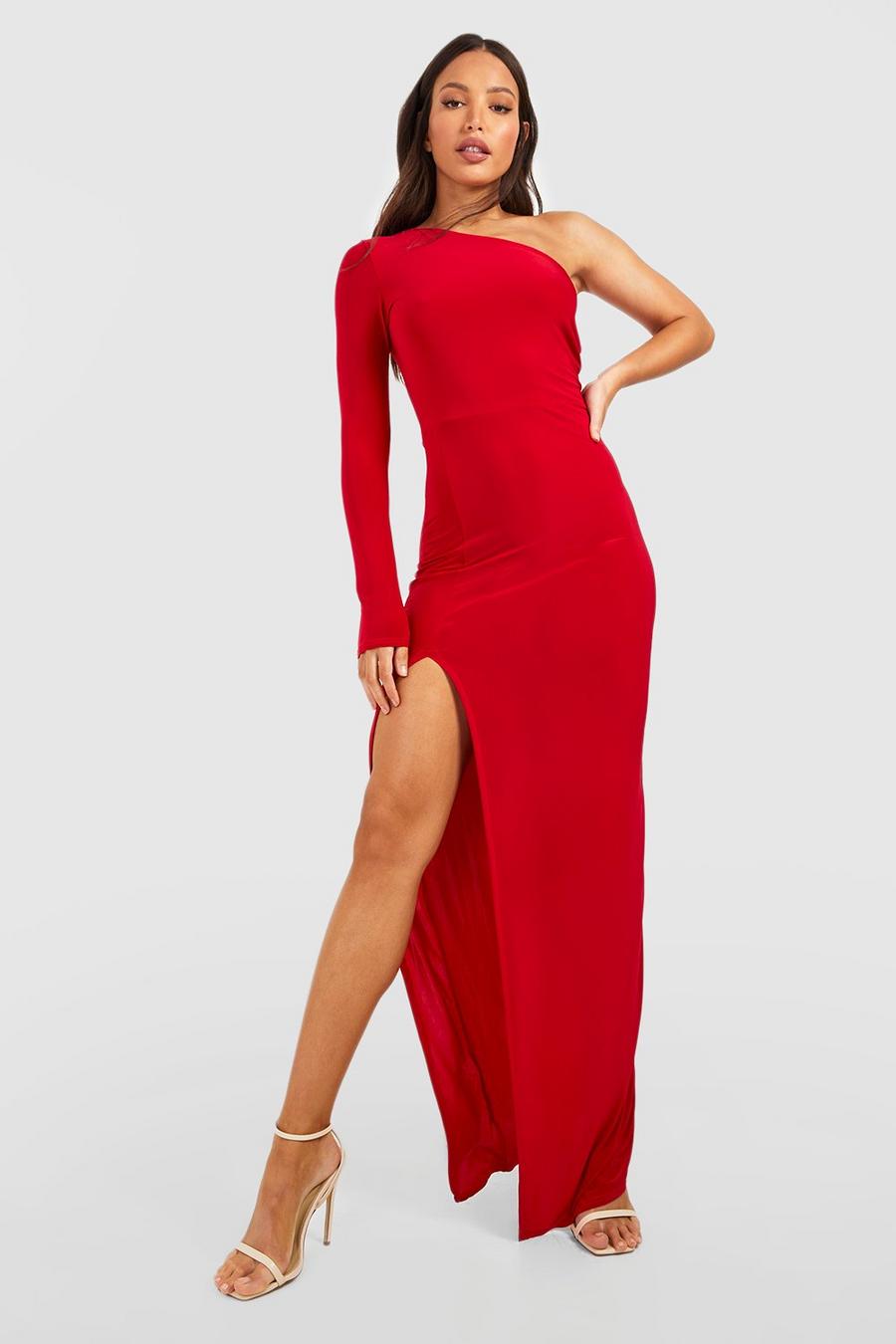 Red Tall Asymmetric One Sleeve Sleeve Ruched Maxi Dress image number 1