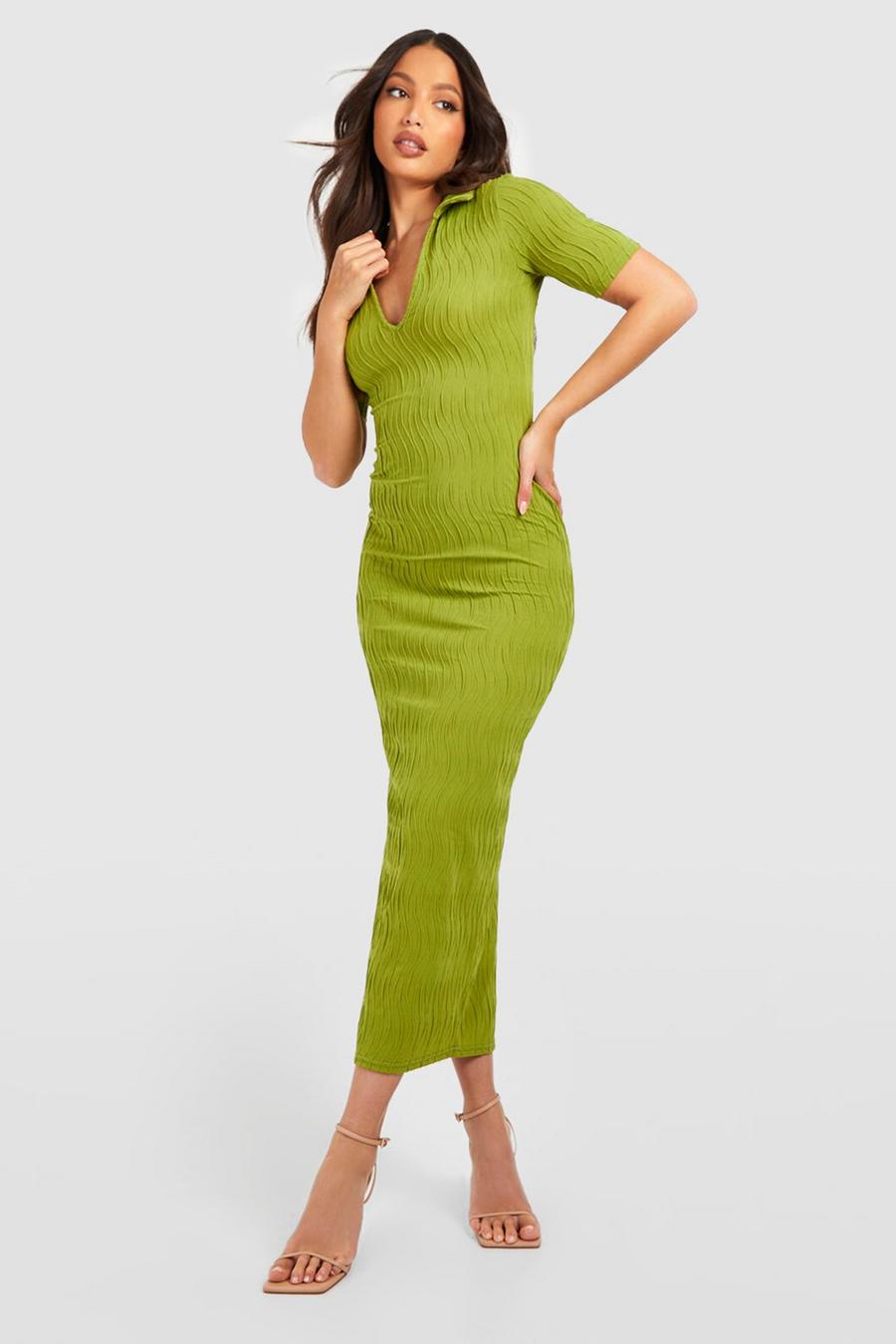 Olive Tall Wavy Texture Collar Plunge Midi Dress image number 1