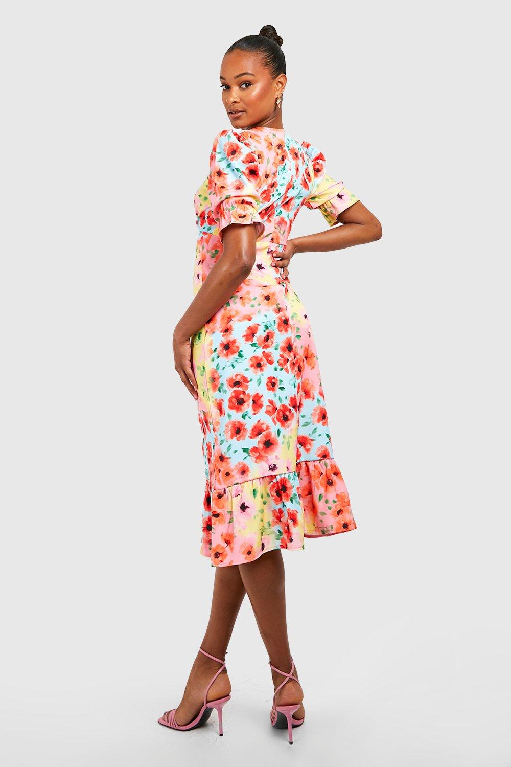 Tall Floral Ruffle 3 4 Sleeve Midi Smock Dress