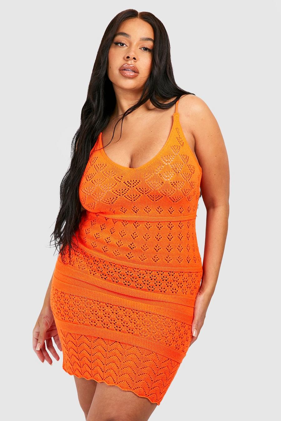 Orange Plus Knitted Strappy Crochet Mini Dress image number 1