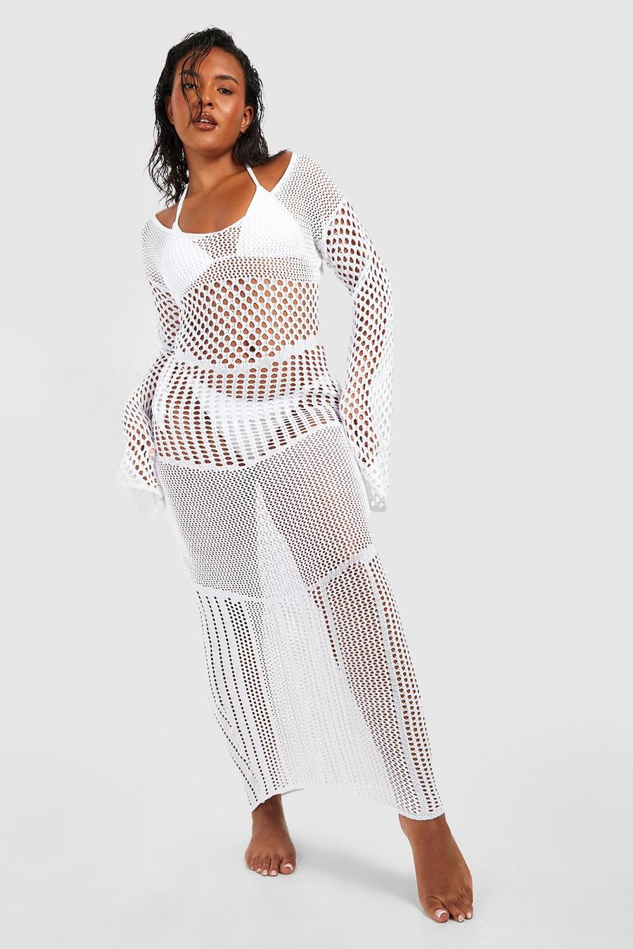 White Plus Knitted Crochet Long Sleeve Maxi Dress image number 1