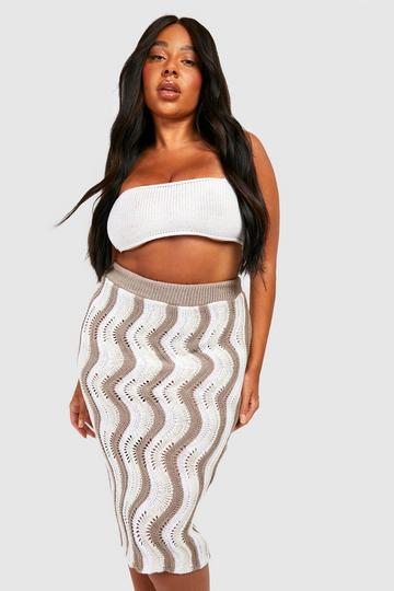 Plus Wave Detail Crochet Midi Skirt beige