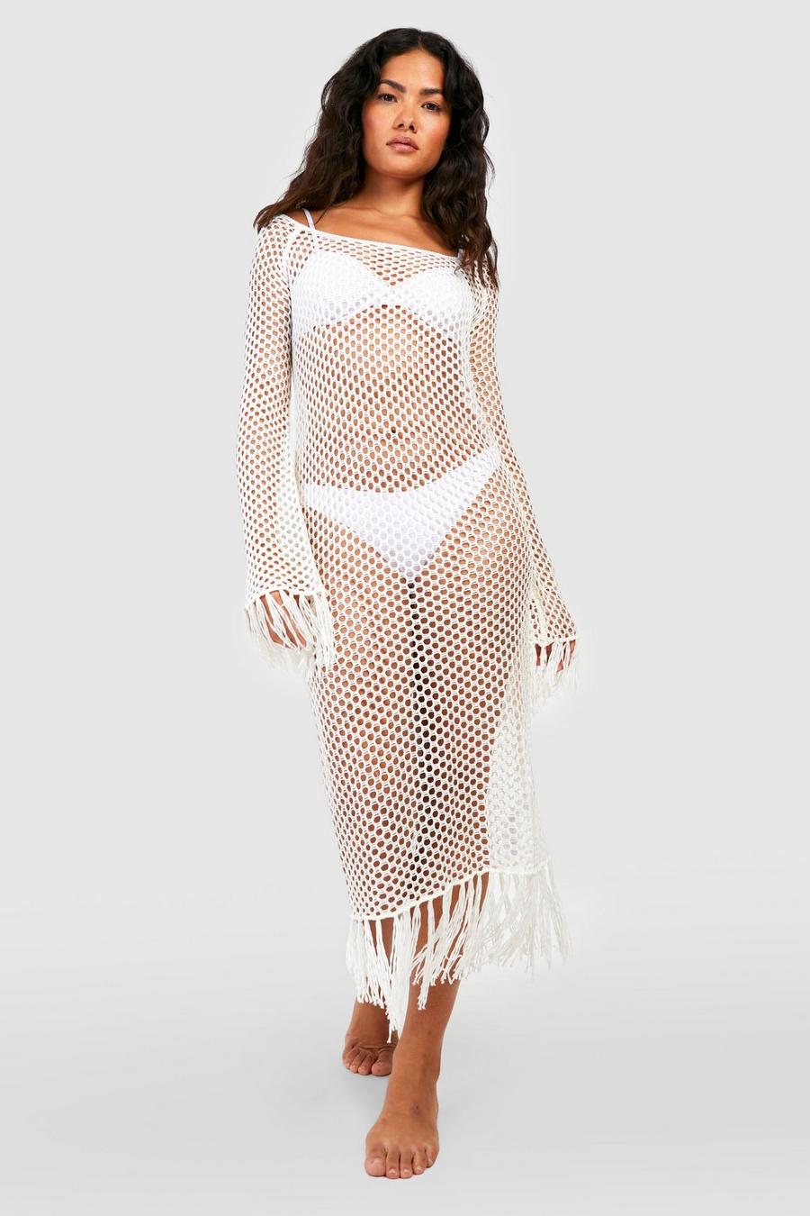 Cream Crochet Fringed Cover Up Beach Dress image number 1