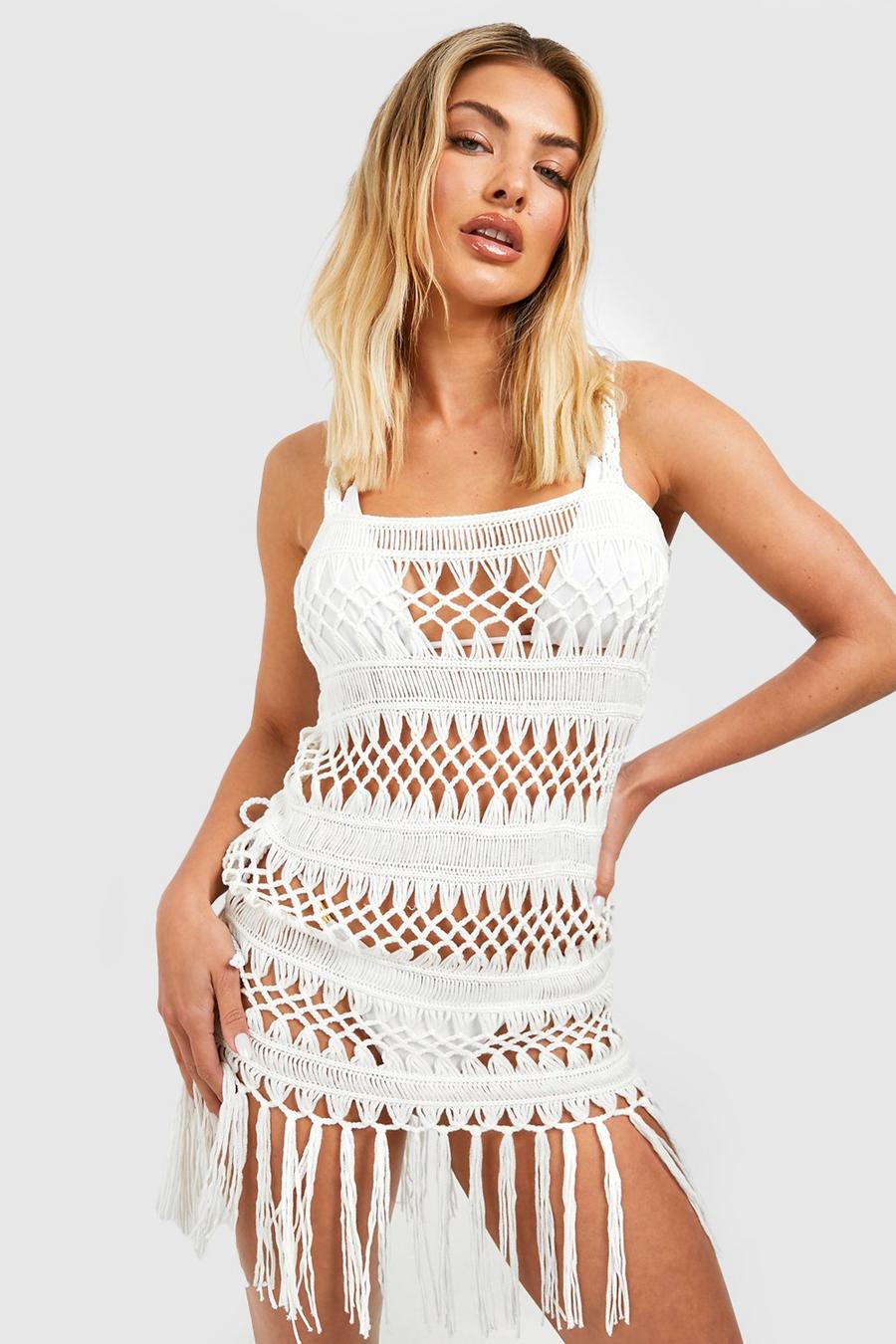 Cream Crochet Fringed Strappy Beach Dress image number 1