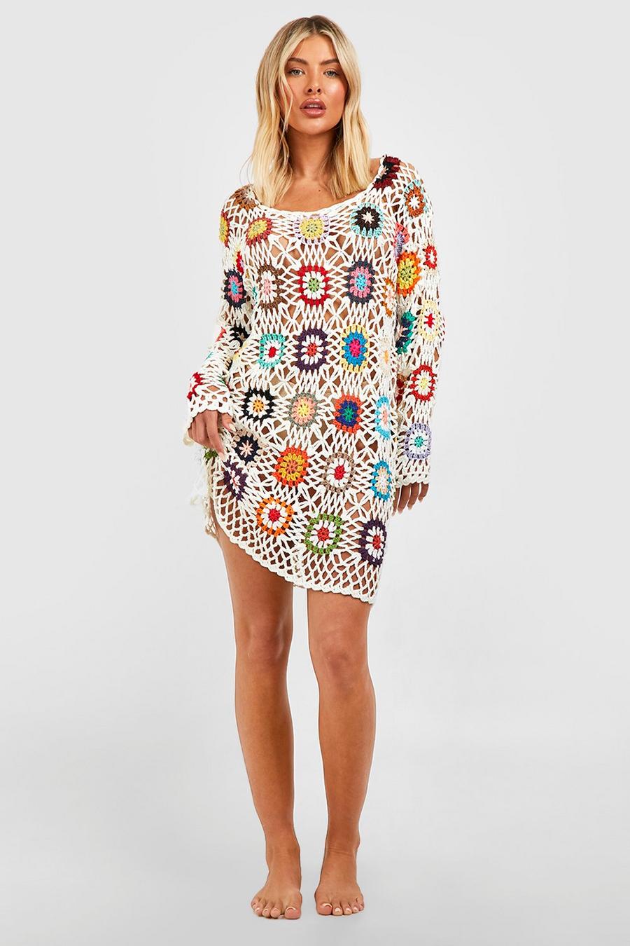 Crochet Patchwork Cover Up Beach Dress, Cream blanco