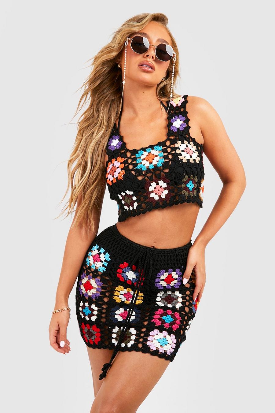 Black Crochet Patchwork Top & Skirt Beach Co-ord image number 1
