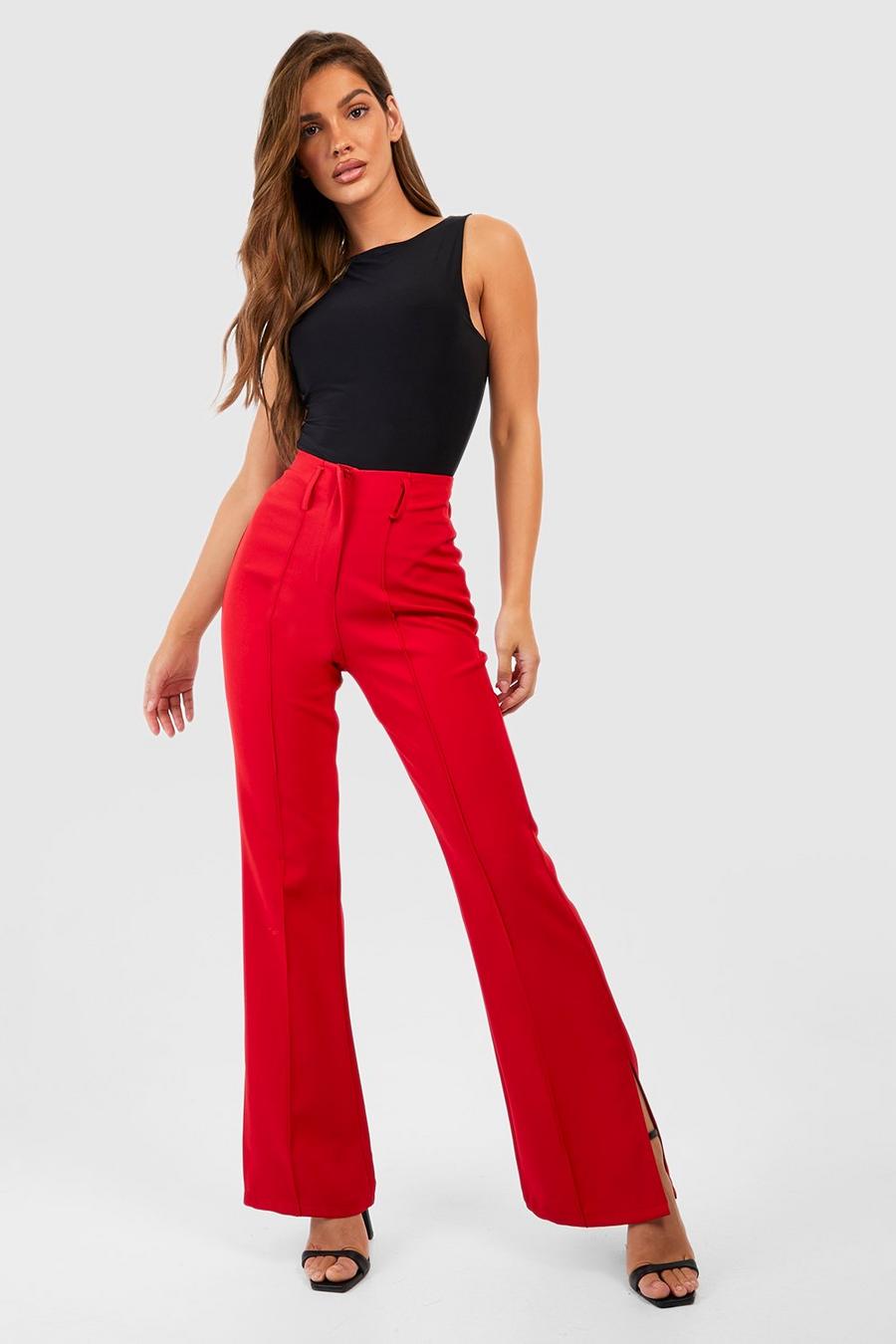 Pantalon flare fendu taille haute, Red image number 1