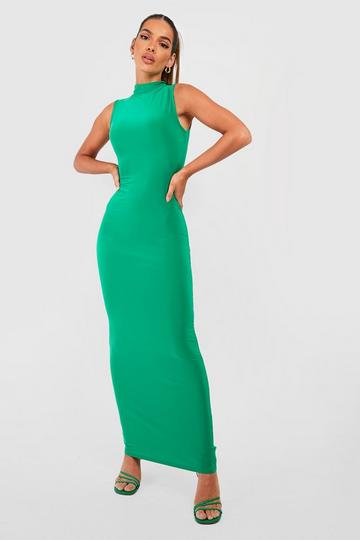Green Premium Heavy Weight Slinky High Neck Maxi Dress