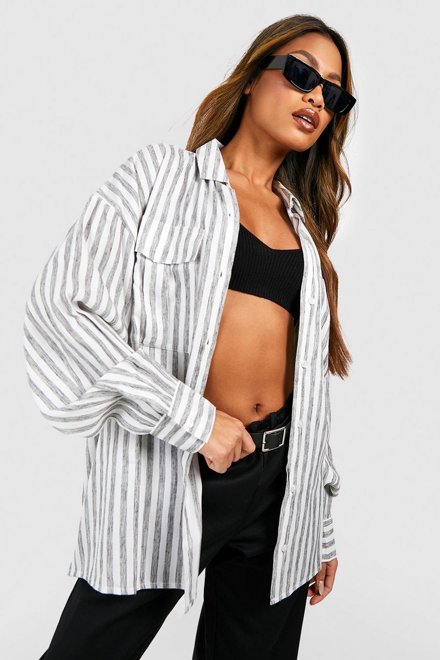 Grey Oversized Linen Striped Utility Shirt  image number 1