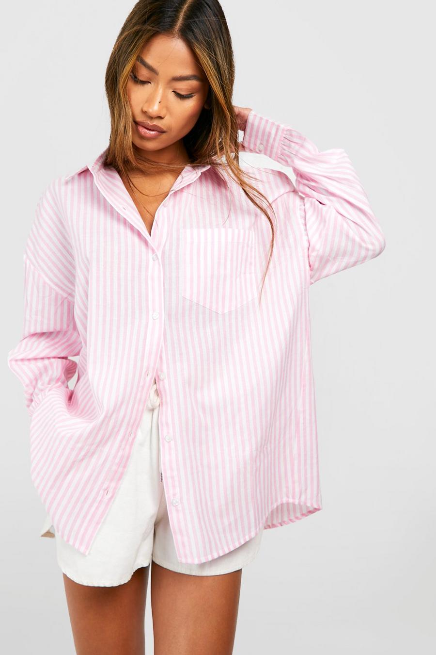 Camicia oversize in lino a righe, Pink image number 1
