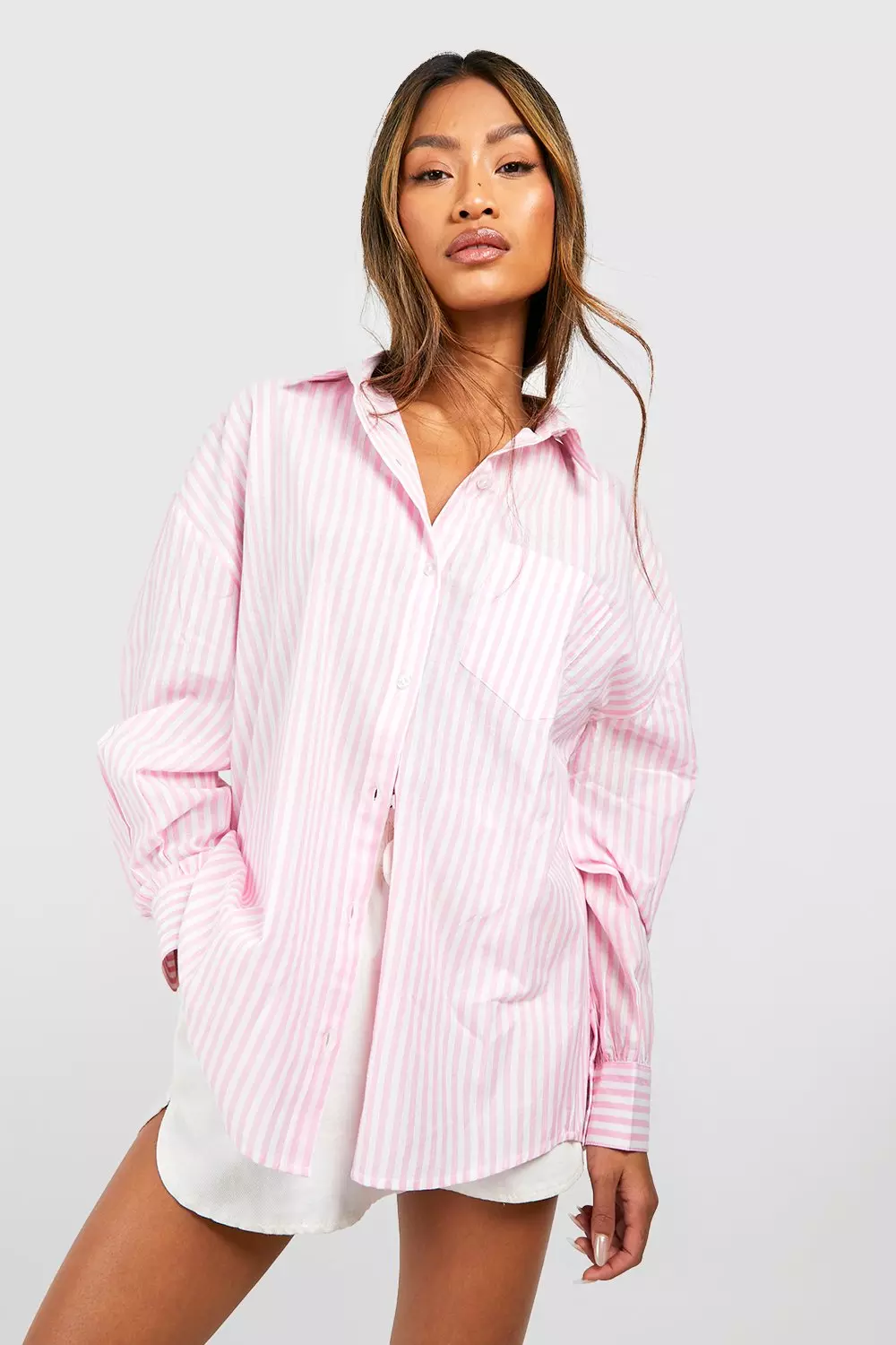 Pink Oversized Striped Linen Look Shirt صورة بديلة