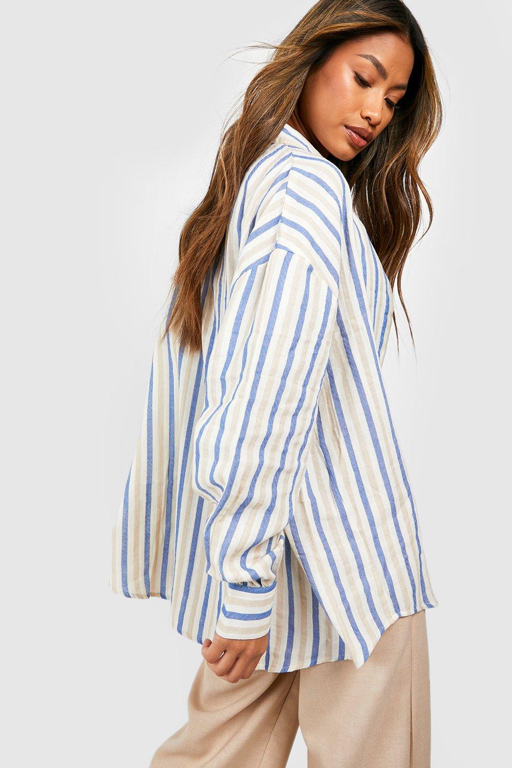 Missy Empire 【 Linen Oversized Shirt Women 】 ファッション レディースファッション トップス シャツ ブラウス レディー Oversized Striped Linen Shirt | boohoo