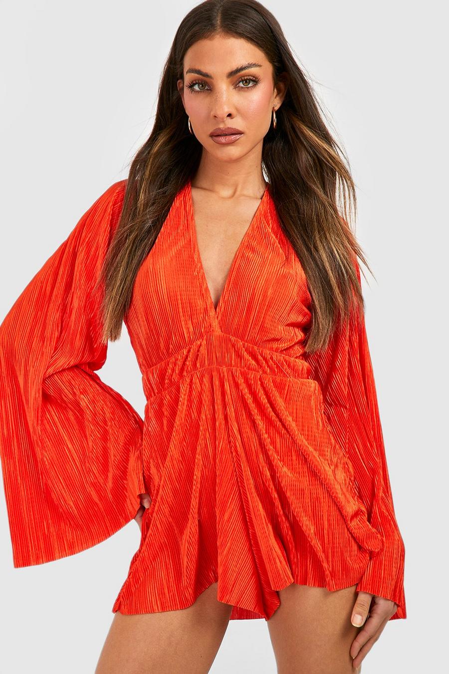 Orange Plisse Flare Sleeve Playsuit
