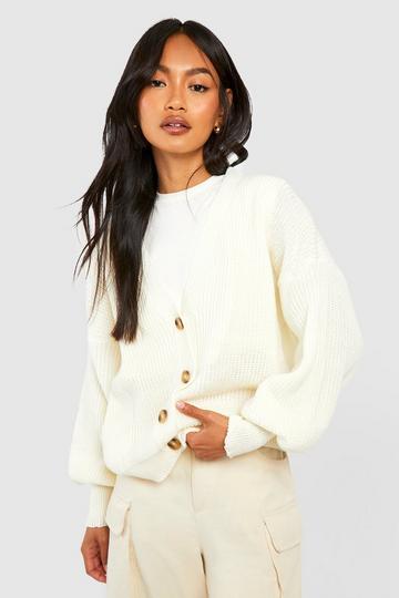 Ivory White Balloon Sleeve Button Through Rib Cardigan