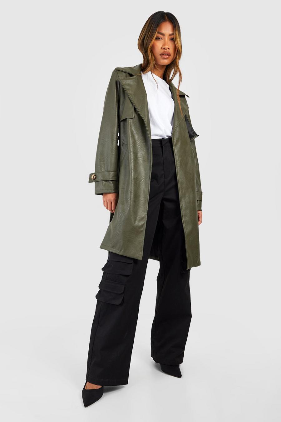 Khaki Belted Short Faux Leather Trench Coat