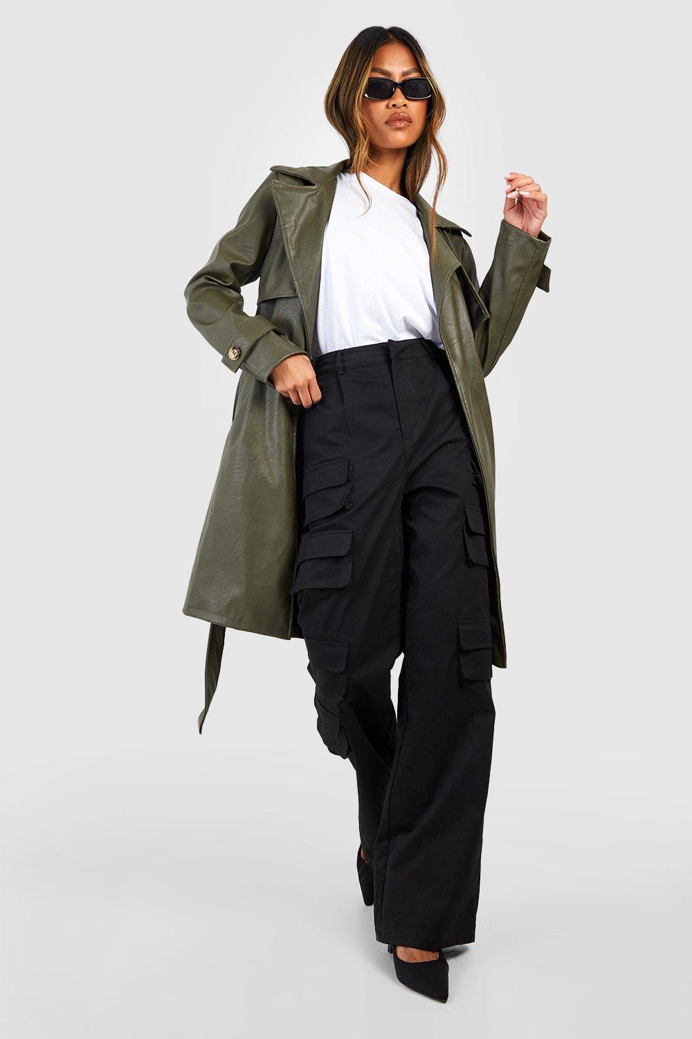 Faux Leather Belted Trench Coat