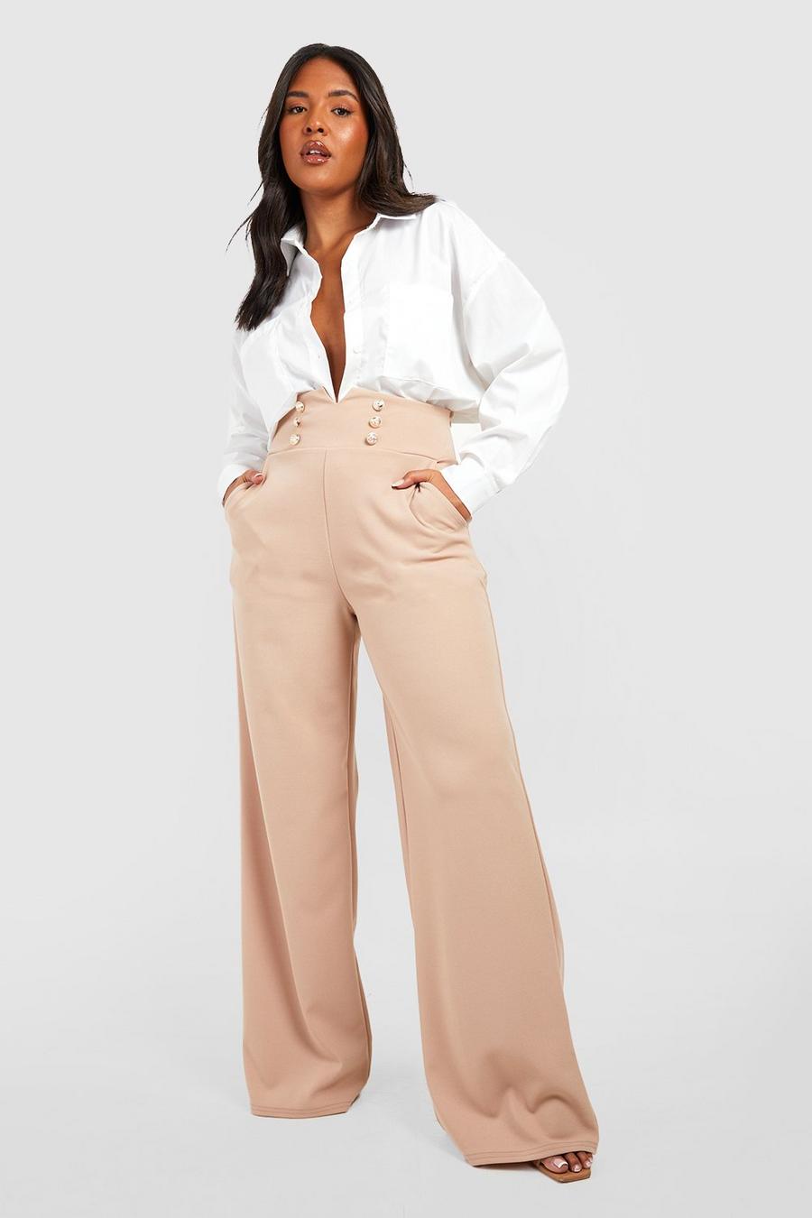 Plus Size Beige Wide Leg Pants High Rise Pleated, You + All