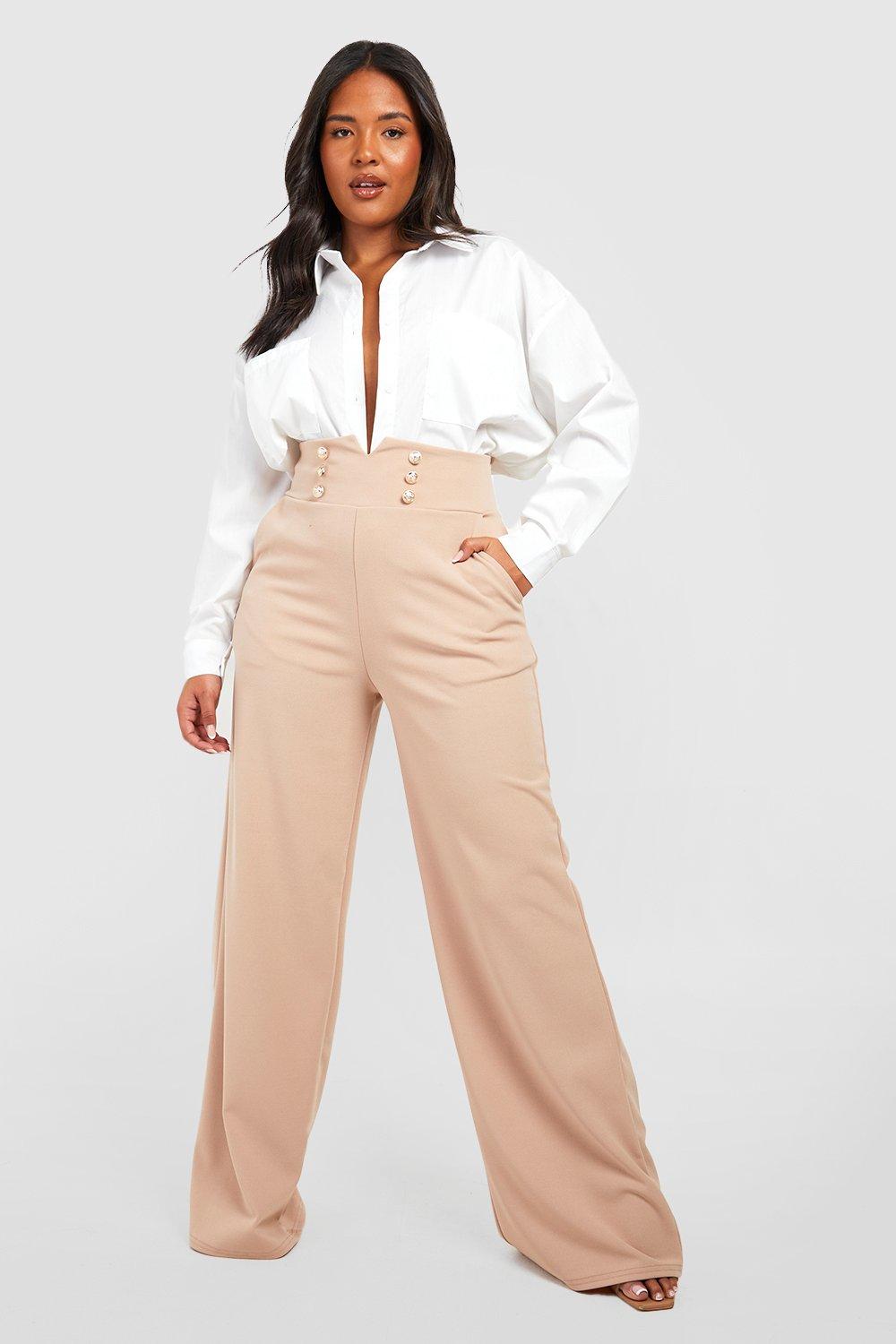 boohoo Plus Button High Waisted Wide Leg Pants - Beige - Size 22