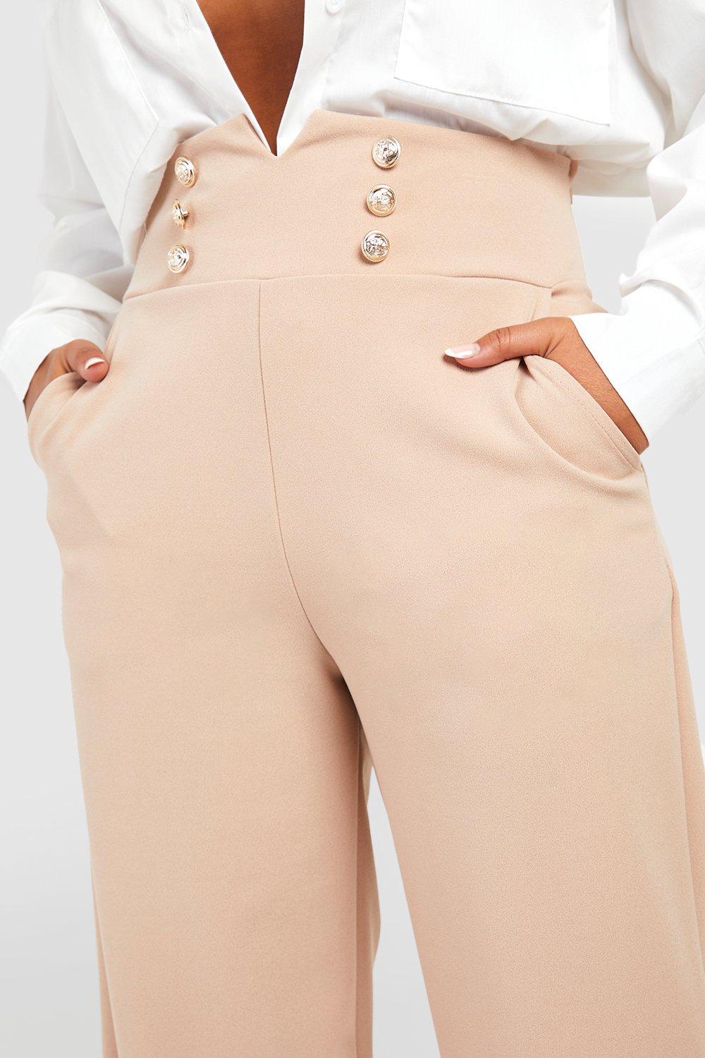 Women's Plus Button High Waisted Wide Leg Trousers