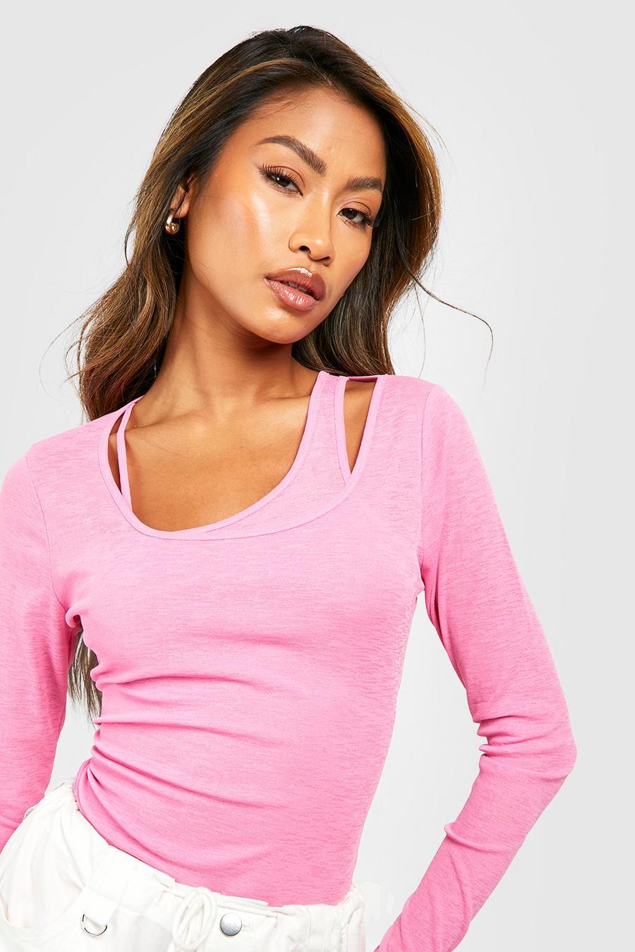 Hot pink Textured Semi Sheer 2 In 1 Long Sleeve Top  image number 1