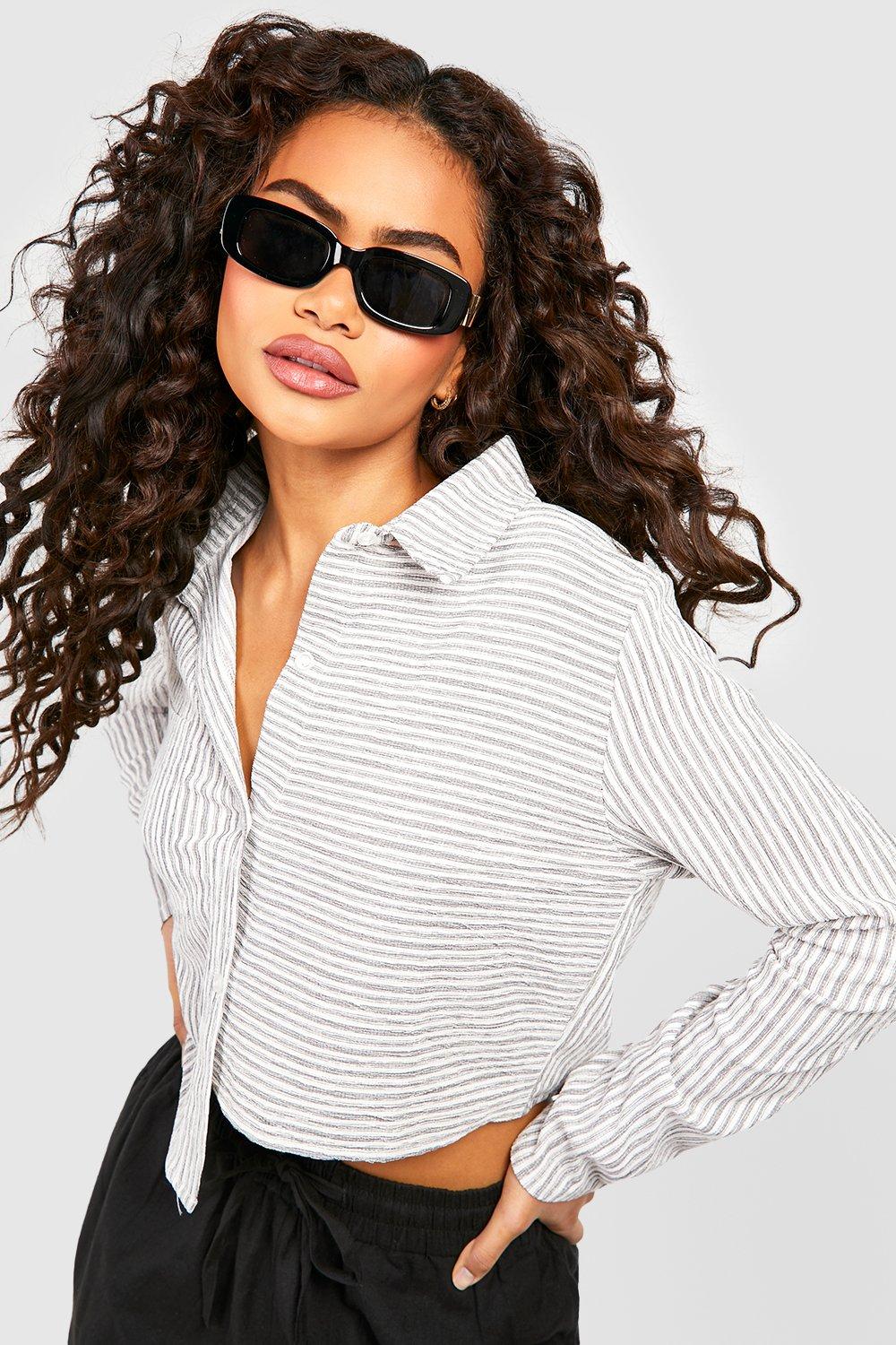 Asymmetric Hem Stripe Crop Shirt