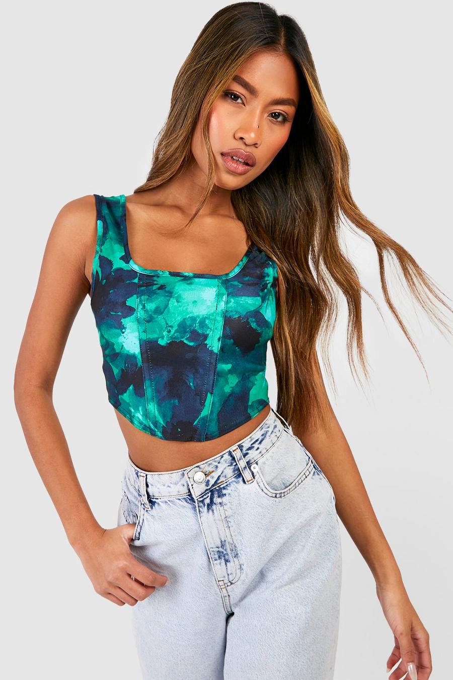 Green Abstract Floral Printed Bengaline Corset Top  image number 1