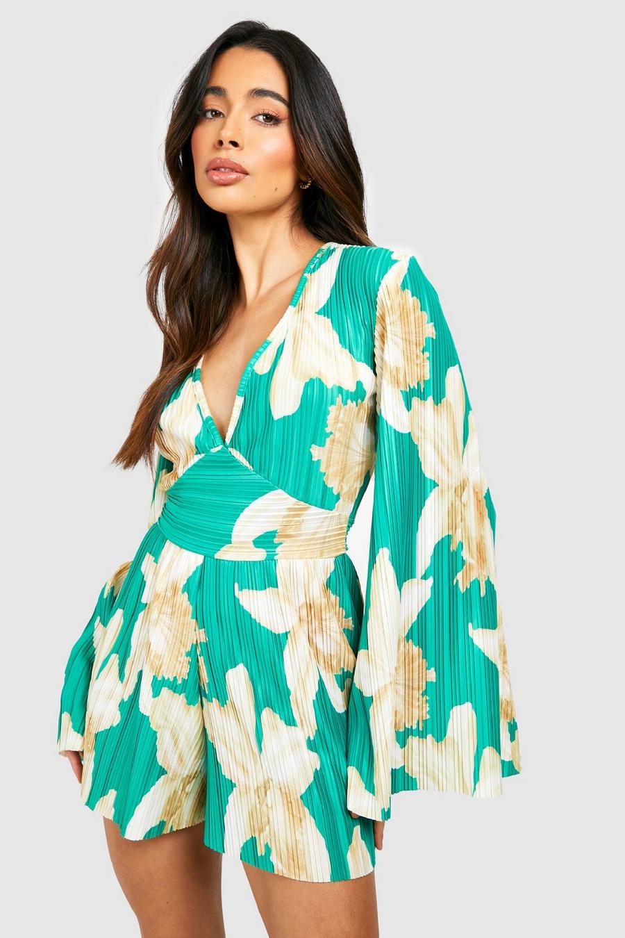 Dancing Blossoms Green Floral Print Pleated Long Sleeve Romper