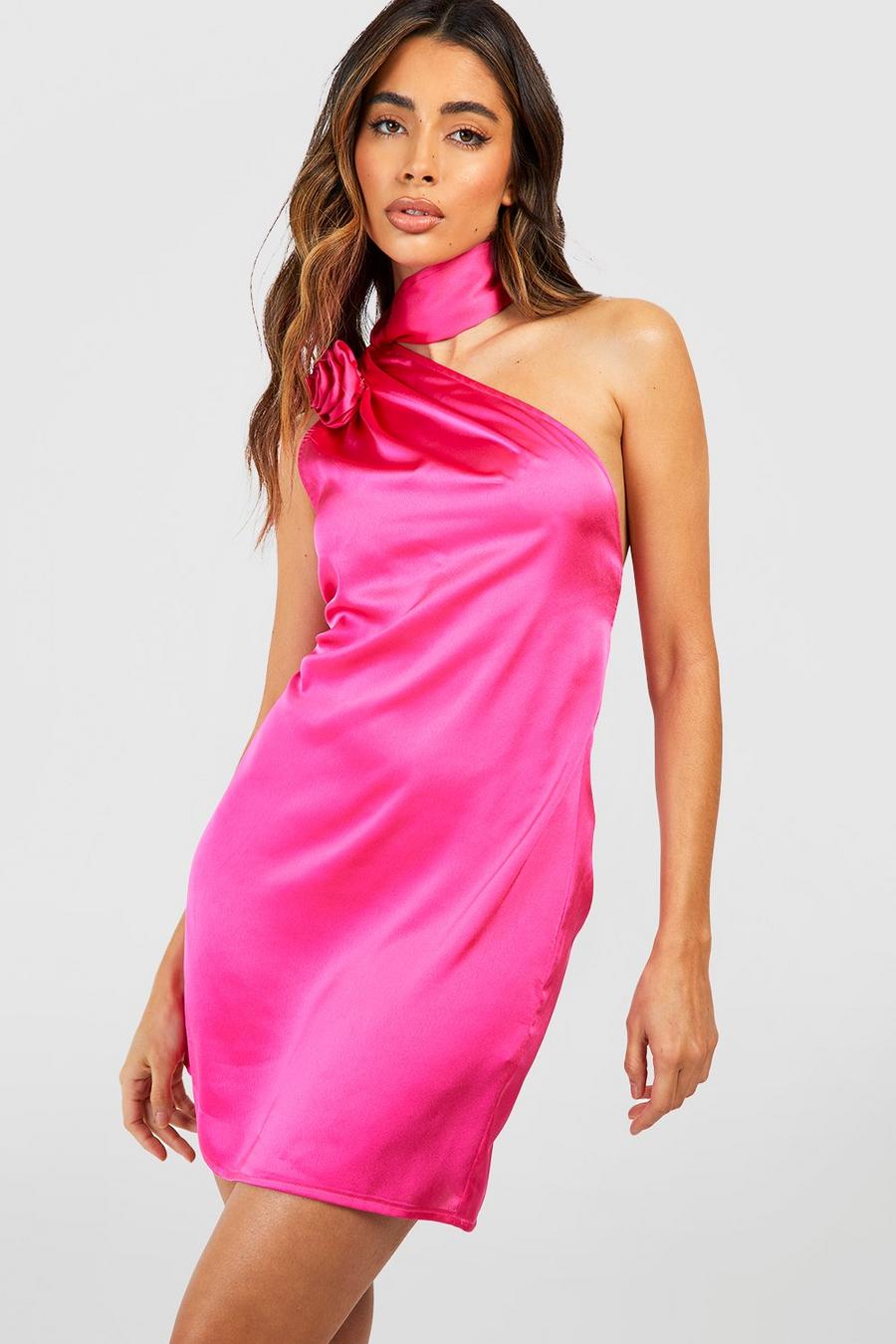 Hot pink Rose Tie Neck Satin Slip Dress