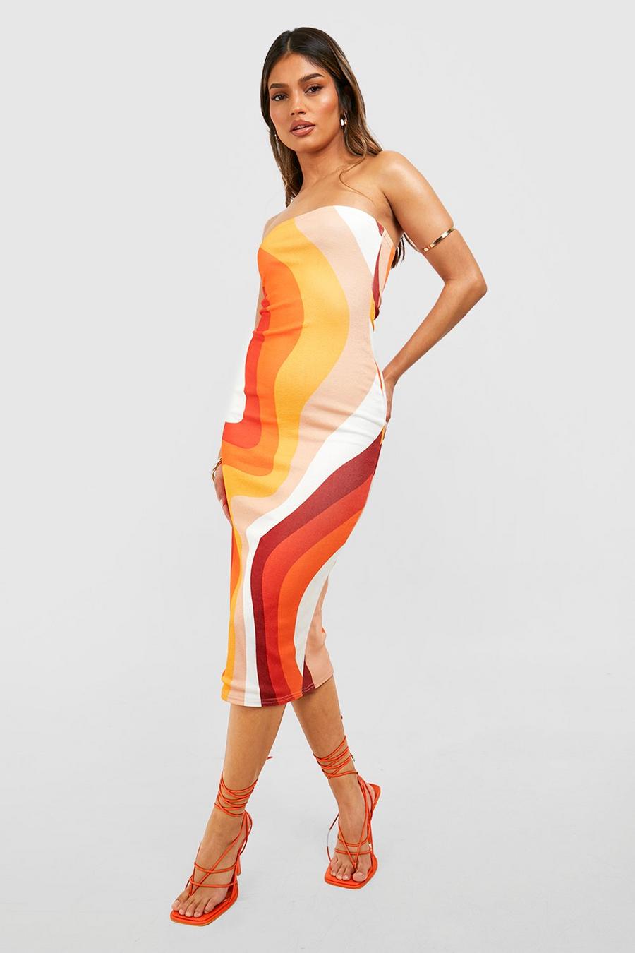 Orange Bandeau Printed Midi Dress