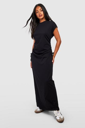 Black Cotton Ruched Waist T-Shirt Maxi Dress