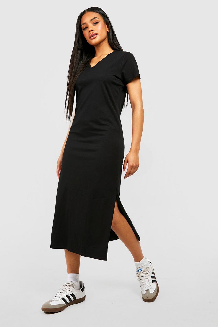 Baumwoll T-Shirt-Kleid mit V-Ausschnitt, Black