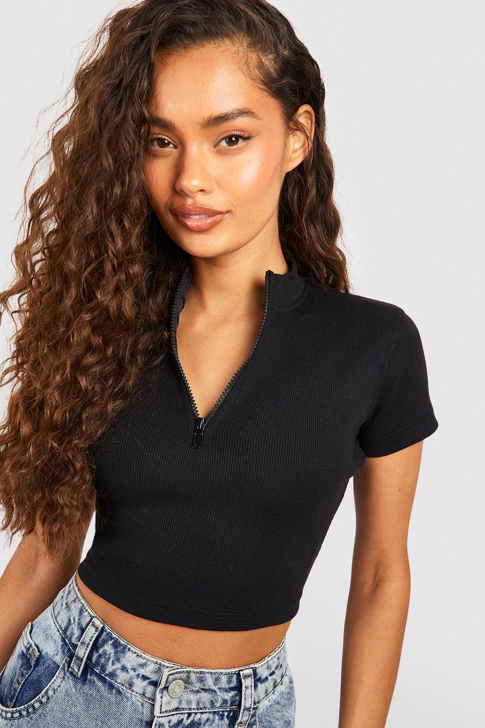 Black half clearance zip crop top