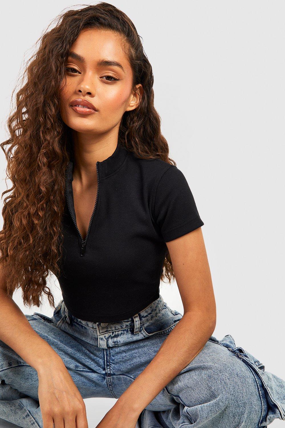 Rib Half Zip Crop Top boohoo