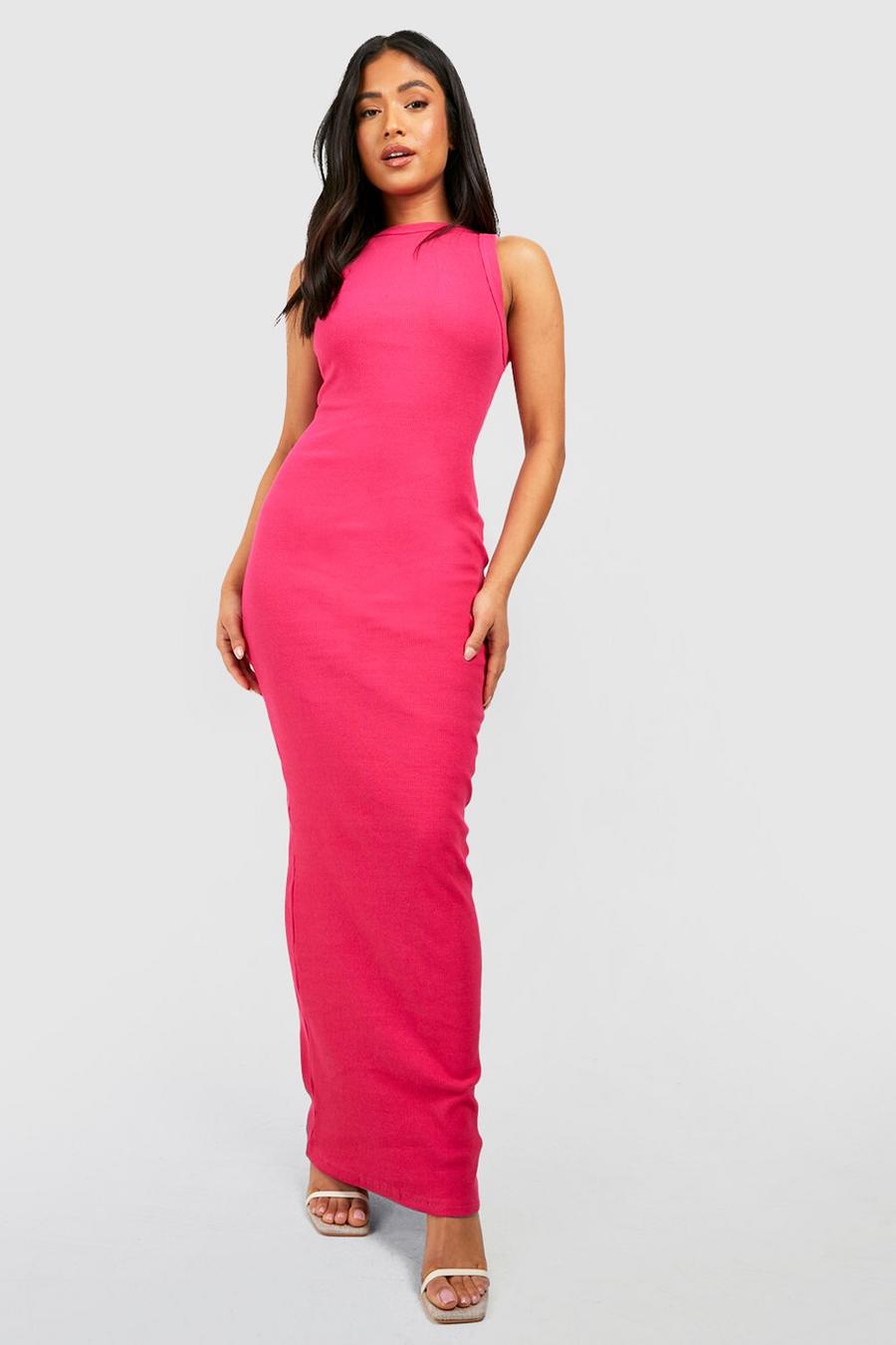 Hot pink rosa Petite Premium Rib Slash Neck Maxi Dress