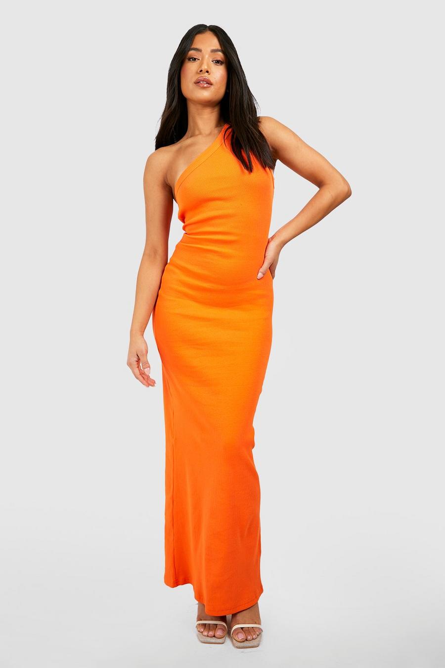 Orange Petite Premium Rib One Shoulder Maxi Dress image number 1