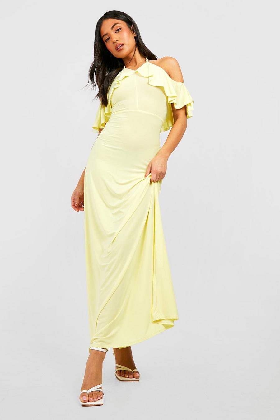 Lemon yellow Petite Slinky Halter Ruffle Cold Shoulder Maxi Dress