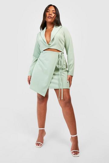 Sage Green Plus Oversized Cropped Blazer And Skirt Set
