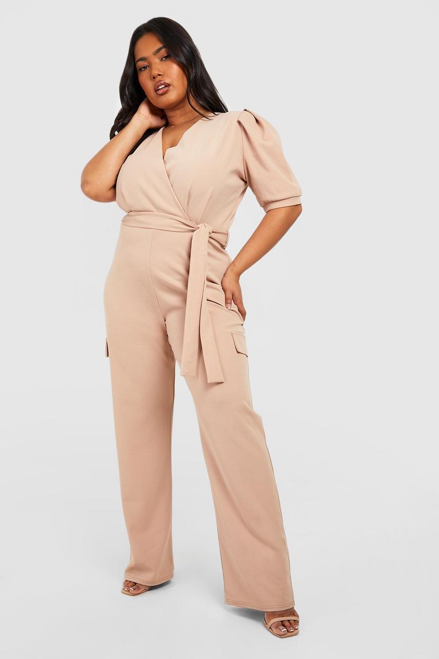 Stone Plus Puff Sleeve Cargo Detail Wide Leg Jumpsuit  image number 1