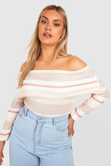 Plus Off The Shoulder Long Sleeve Stripe Top stone