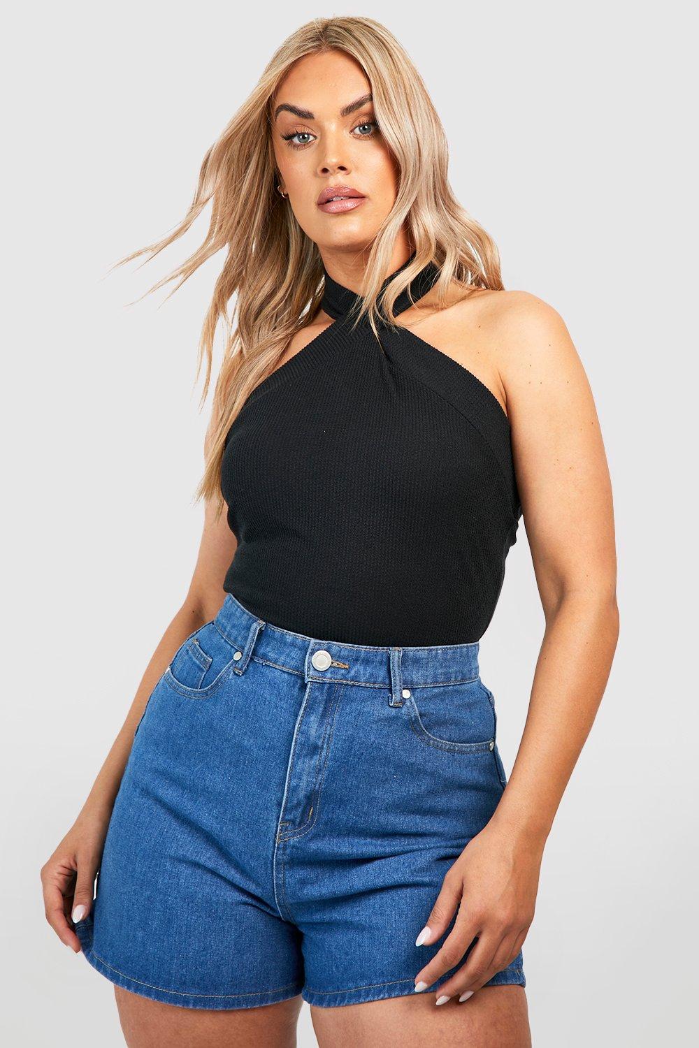 Plus Crinkle Rib Halterneck Cross Over Bodysuit | boohoo